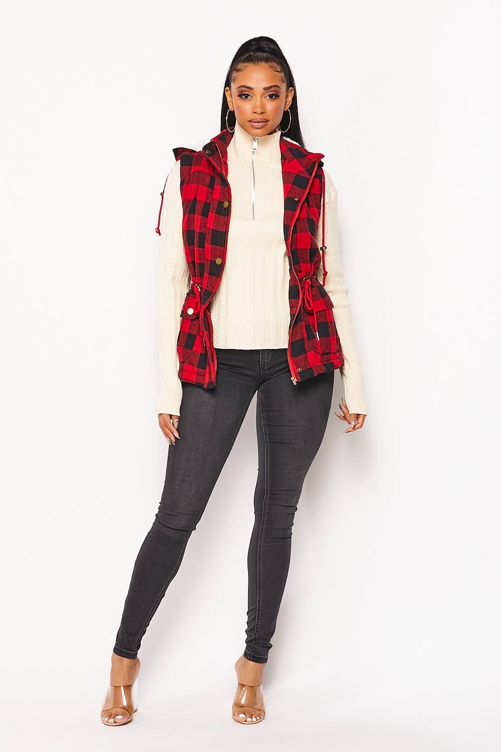 Faux Fur Lined Plaid Vest.