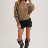 BOAT NECK DOLMAN SLEEVE RIBBED FUZZY KNIT SWEATER