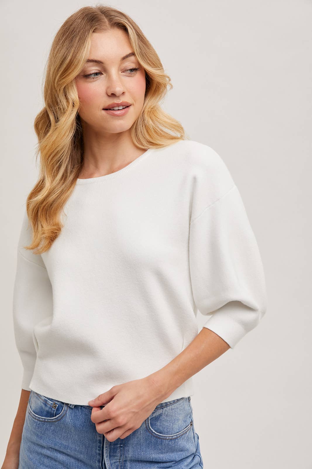 PUFFED 3/4 SLEEVED KNIT SWEATER TOP