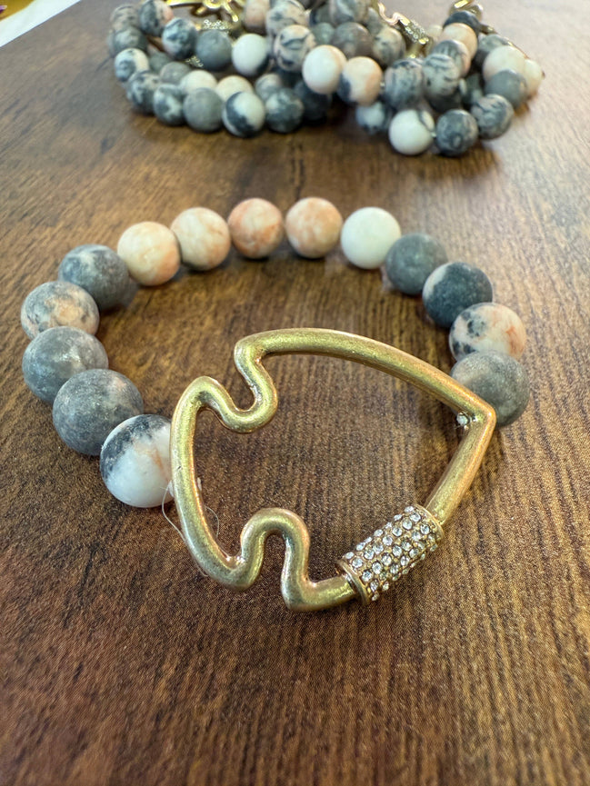 Bling Arrowhead Chunky Stone Stretch Bracelet: Pink Zebra Jasper
