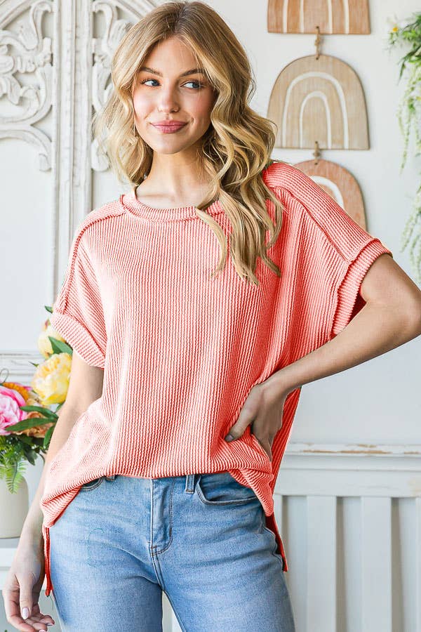 Ribbed Drop Shoulder with Side Slit Top