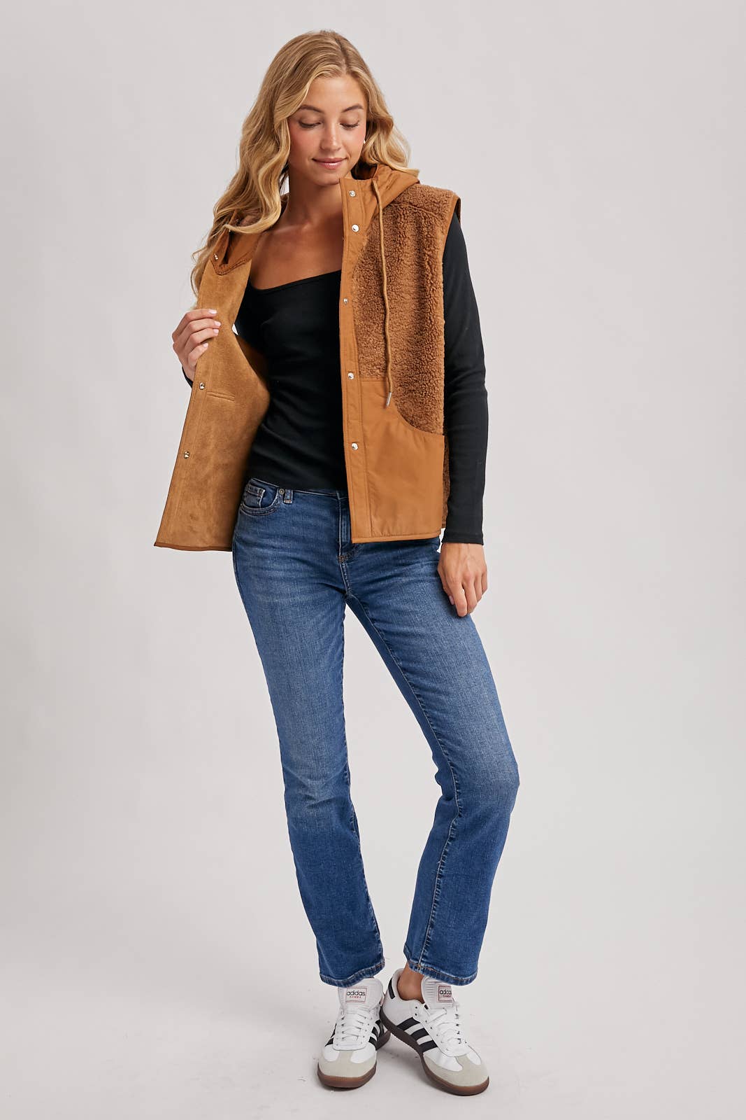 SHERPA FLEECE HOODED VEST WITH FAUX SUEDE INNER
