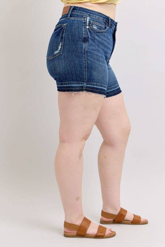 JUDY BLUE High Waisted Tummy Control Destroy Release Hem Shorts - PLUS