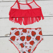 KIDS Strawberry Printed FringeTwo Piece Girls Summer Swim Set