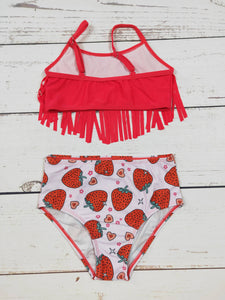 KIDS Strawberry Printed FringeTwo Piece Girls Summer Swim Set