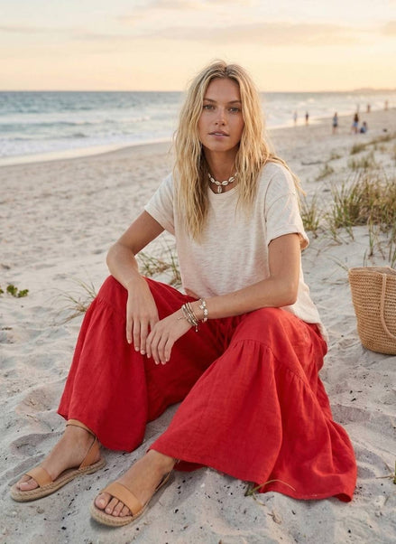 Linen Blend Tiered Wide Leg Palazzo Full Length Pants