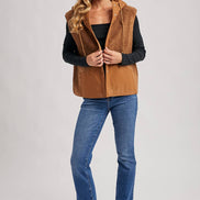 SHERPA FLEECE HOODED VEST WITH FAUX SUEDE INNER