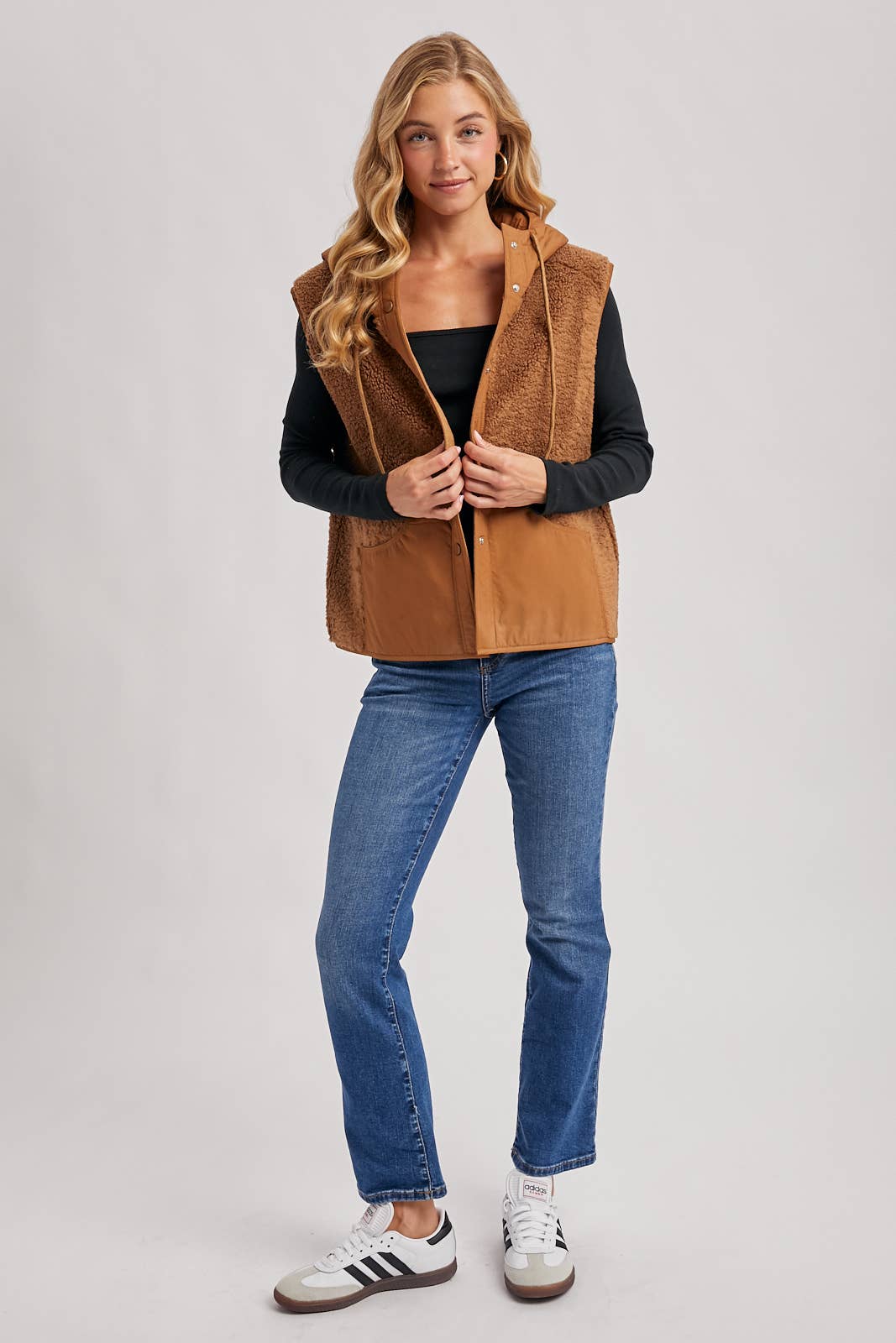 SHERPA FLEECE HOODED VEST WITH FAUX SUEDE INNER