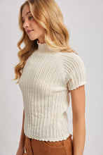 Load image into Gallery viewer, OPEN-KNIT MOCK NECK POINTELLE RUFFLE EDGE SWEATER TEE TOP
