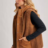 SHERPA FLEECE HOODED VEST WITH FAUX SUEDE INNER