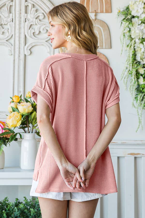 Ribbed Drop Shoulder with Side Slit Top