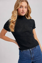 Load image into Gallery viewer, OPEN-KNIT MOCK NECK POINTELLE RUFFLE EDGE SWEATER TEE TOP

