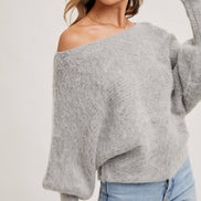 BOAT NECK DOLMAN SLEEVE RIBBED FUZZY KNIT SWEATER