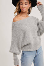 Load image into Gallery viewer, BOAT NECK DOLMAN SLEEVE RIBBED FUZZY KNIT SWEATER
