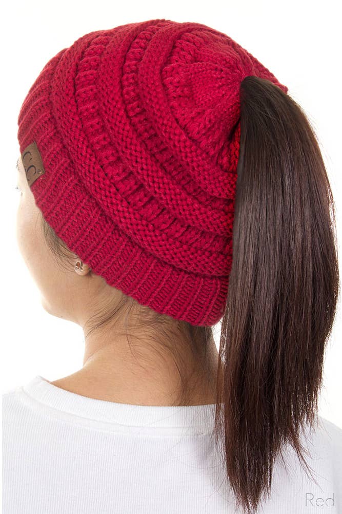 C.C Solid Color Ponytail Messy Bun Beanie