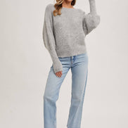 BOAT NECK DOLMAN SLEEVE RIBBED FUZZY KNIT SWEATER