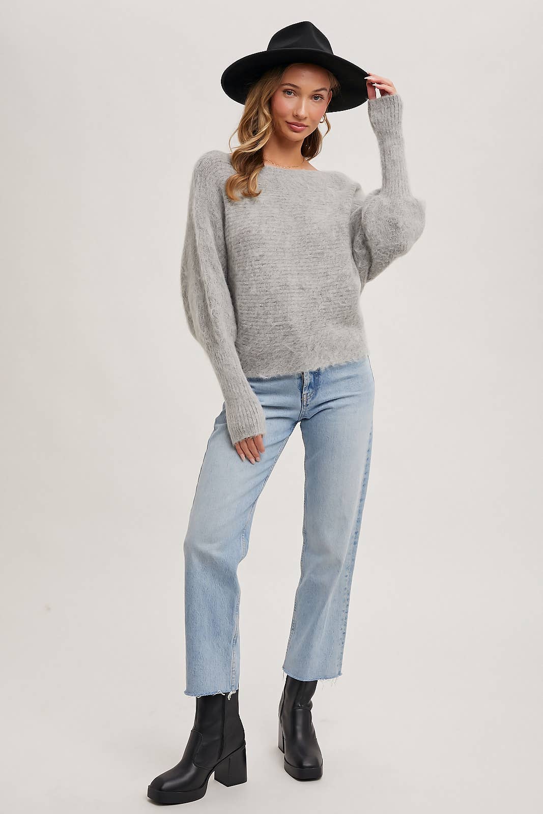 BOAT NECK DOLMAN SLEEVE RIBBED FUZZY KNIT SWEATER