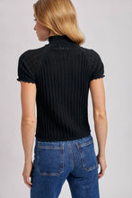 Load image into Gallery viewer, OPEN-KNIT MOCK NECK POINTELLE RUFFLE EDGE SWEATER TEE TOP
