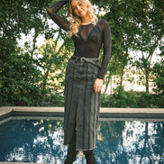 Distressed Seam Slit at Front Maxi Denim Skirt