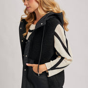 SHERPA FLEECE HOODED VEST WITH FAUX SUEDE INNER