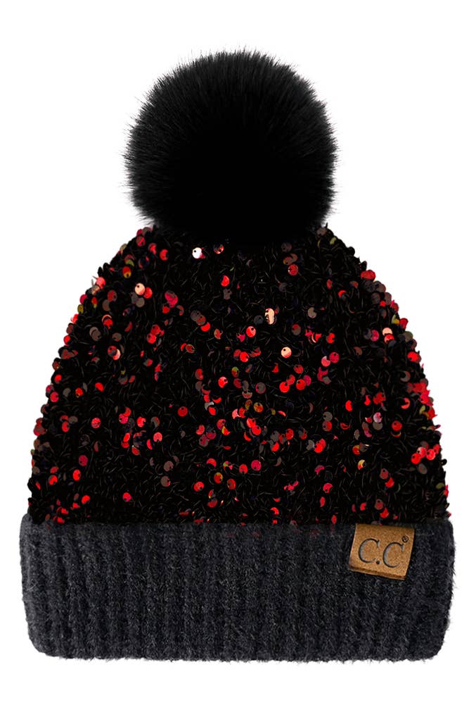 C.C Sequin Fur Pom Beanie