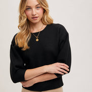 PUFFED 3/4 SLEEVED KNIT SWEATER TOP