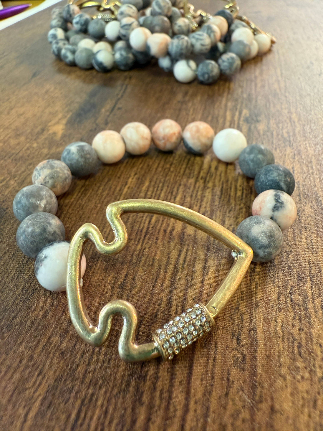 Bling Arrowhead Chunky Stone Stretch Bracelet: Pink Zebra Jasper
