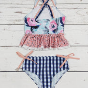 KIDS Flower Checked Printed Two Piece Girls Swim Set