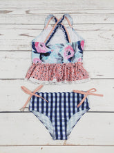 Load image into Gallery viewer, KIDS Flower Checked Printed Two Piece Girls Swim Set
