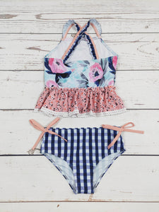 KIDS Flower Checked Printed Two Piece Girls Swim Set