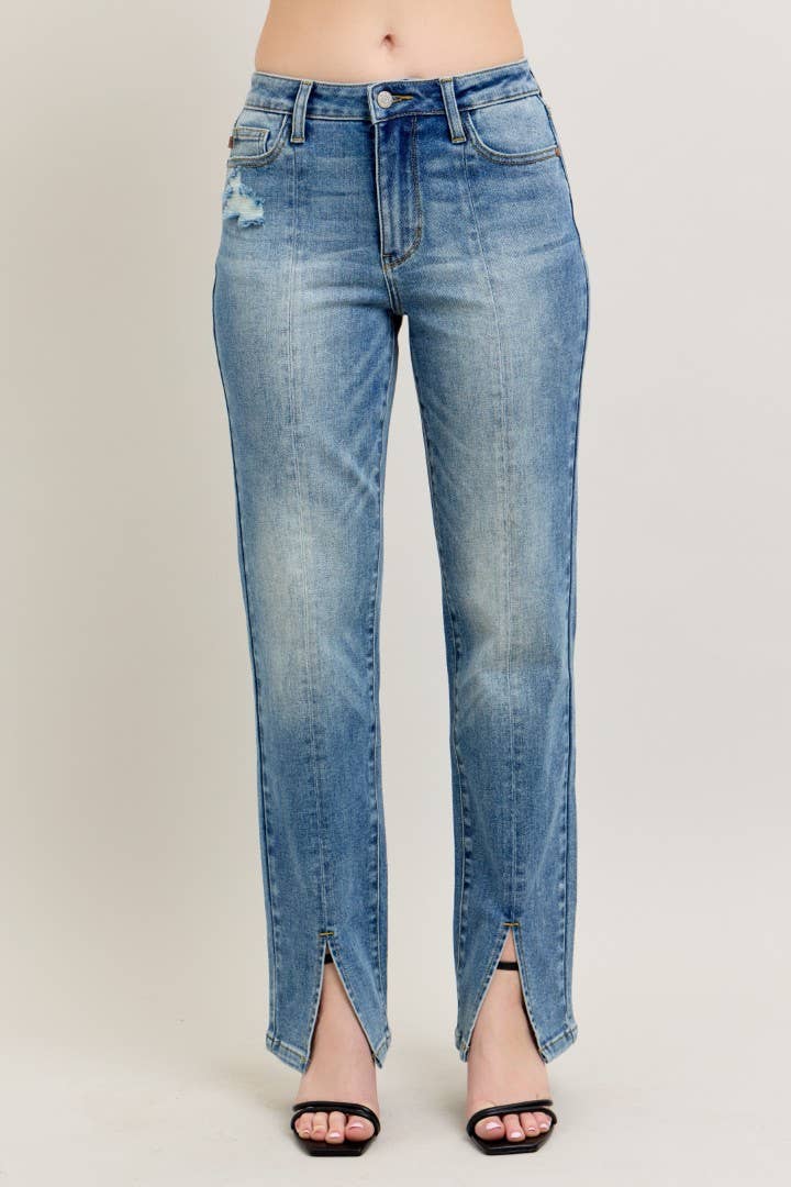 JUDY BLUE High Waisted Vintage Wash Front Seam & Slit Straight