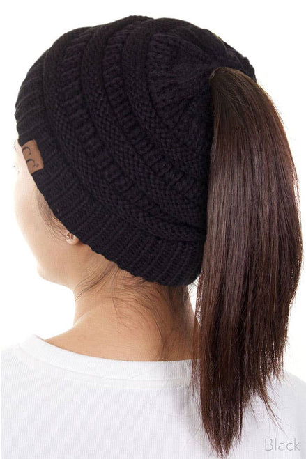 C.C Solid Color Ponytail Messy Bun Beanie
