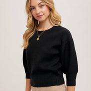 PUFFED 3/4 SLEEVED KNIT SWEATER TOP