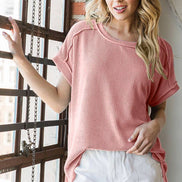 Ribbed Drop Shoulder with Side Slit Top