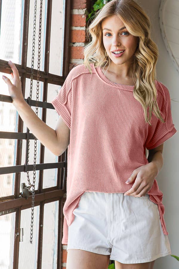 Ribbed Drop Shoulder with Side Slit Top