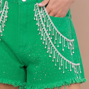 Sprinkled and Fringed Denim Shorts