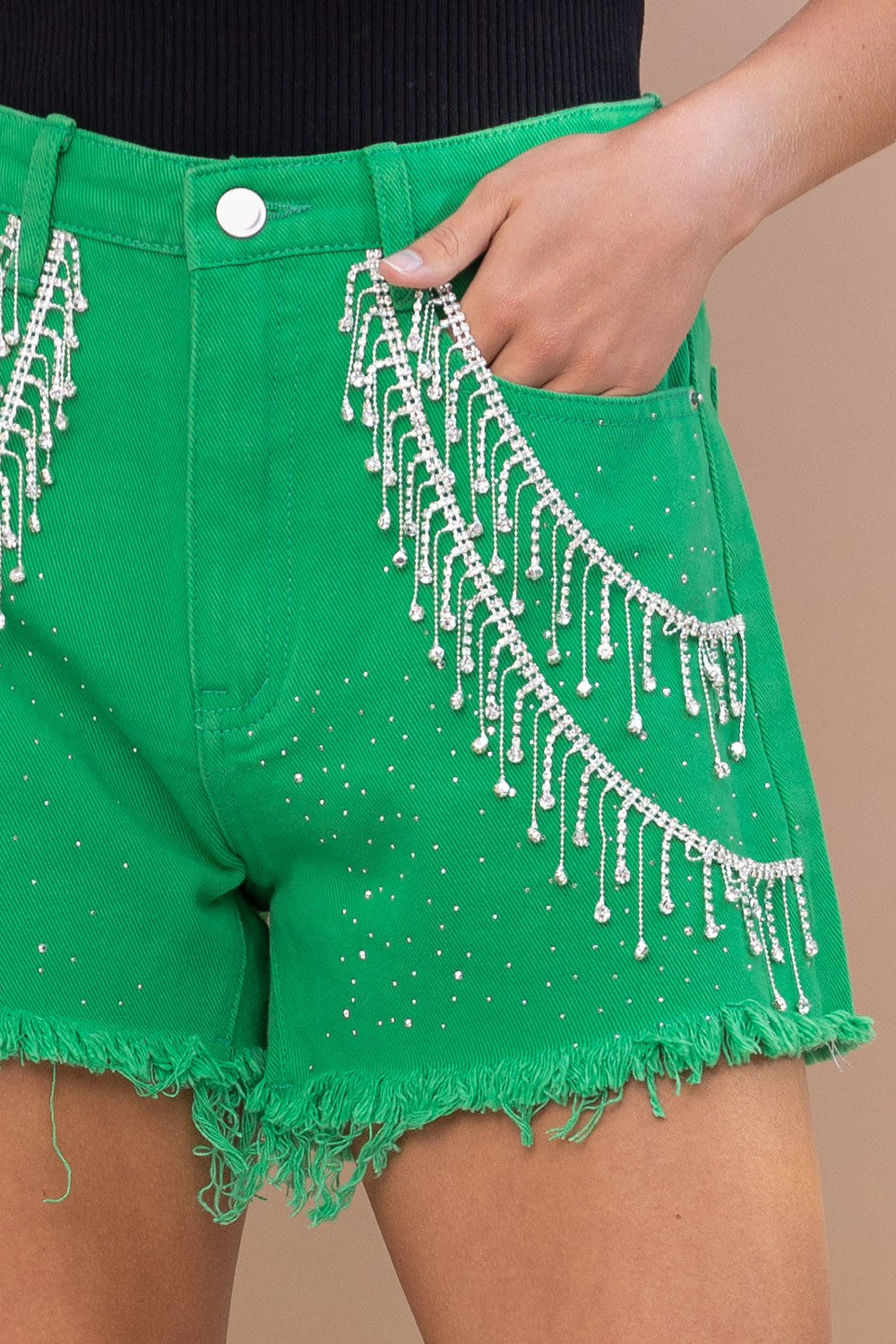 Sprinkled and Fringed Denim Shorts