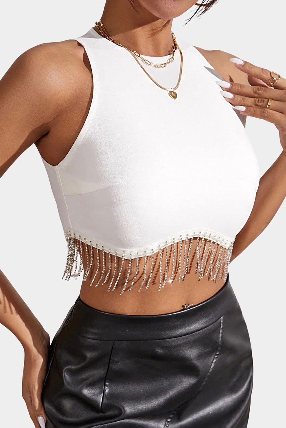 White crop with bling fringe