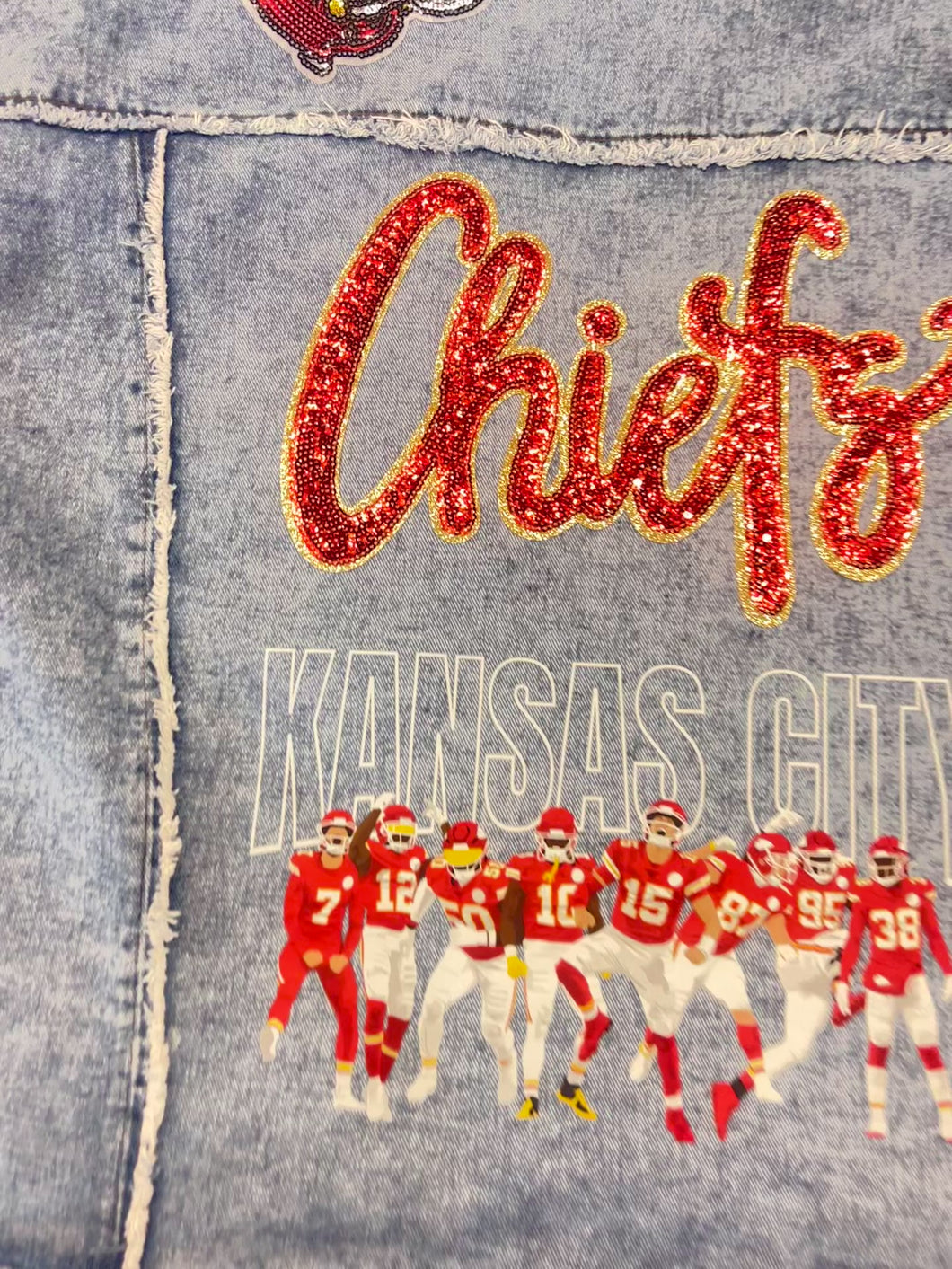 Plaid Sleeve Denim Jacket- Sequin Chiefs and helmet, Kansas City+Players