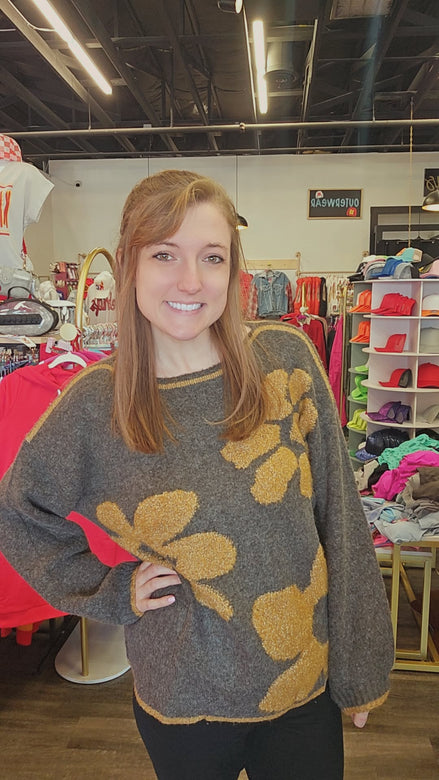Brown Floral Jacquard Knit Sweater