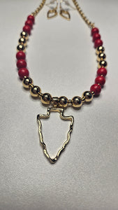 Beaded Red & Gold Arrowhead Necklace and Earring Set