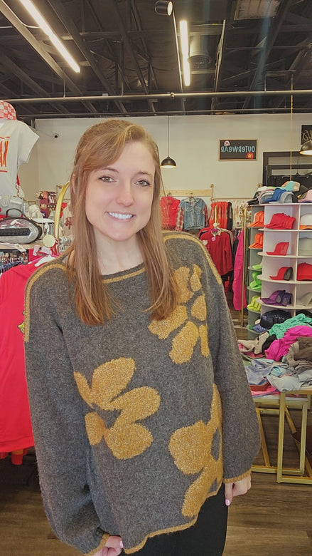 Brown Floral Jacquard Knit Sweater