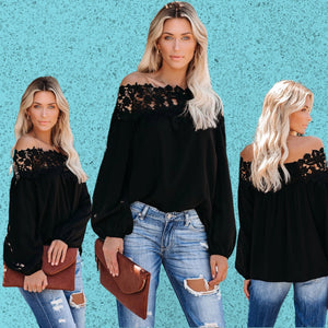 "You Were Meant for Me" Black Blooming Lace Off Shoulder Top
