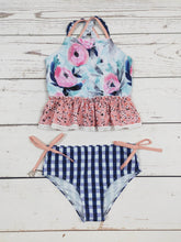 Load image into Gallery viewer, KIDS Flower Checked Printed Two Piece Girls Swim Set
