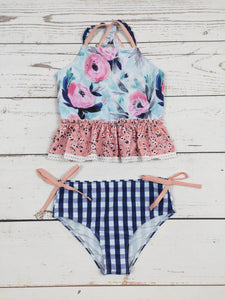 KIDS Flower Checked Printed Two Piece Girls Swim Set