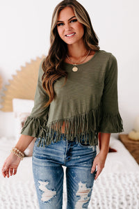 Green cross over fringe top