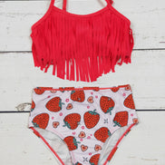 KIDS Strawberry Printed FringeTwo Piece Girls Summer Swim Set