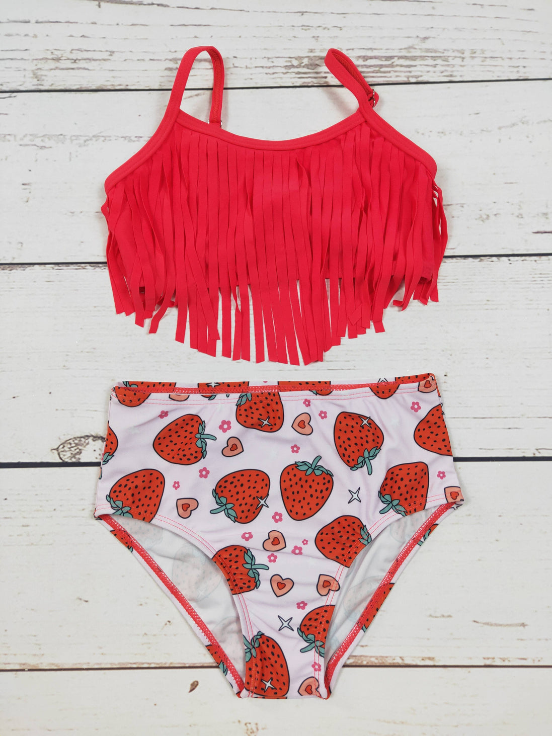 KIDS Strawberry Printed FringeTwo Piece Girls Summer Swim Set