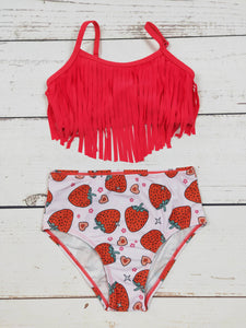 KIDS Strawberry Printed FringeTwo Piece Girls Summer Swim Set