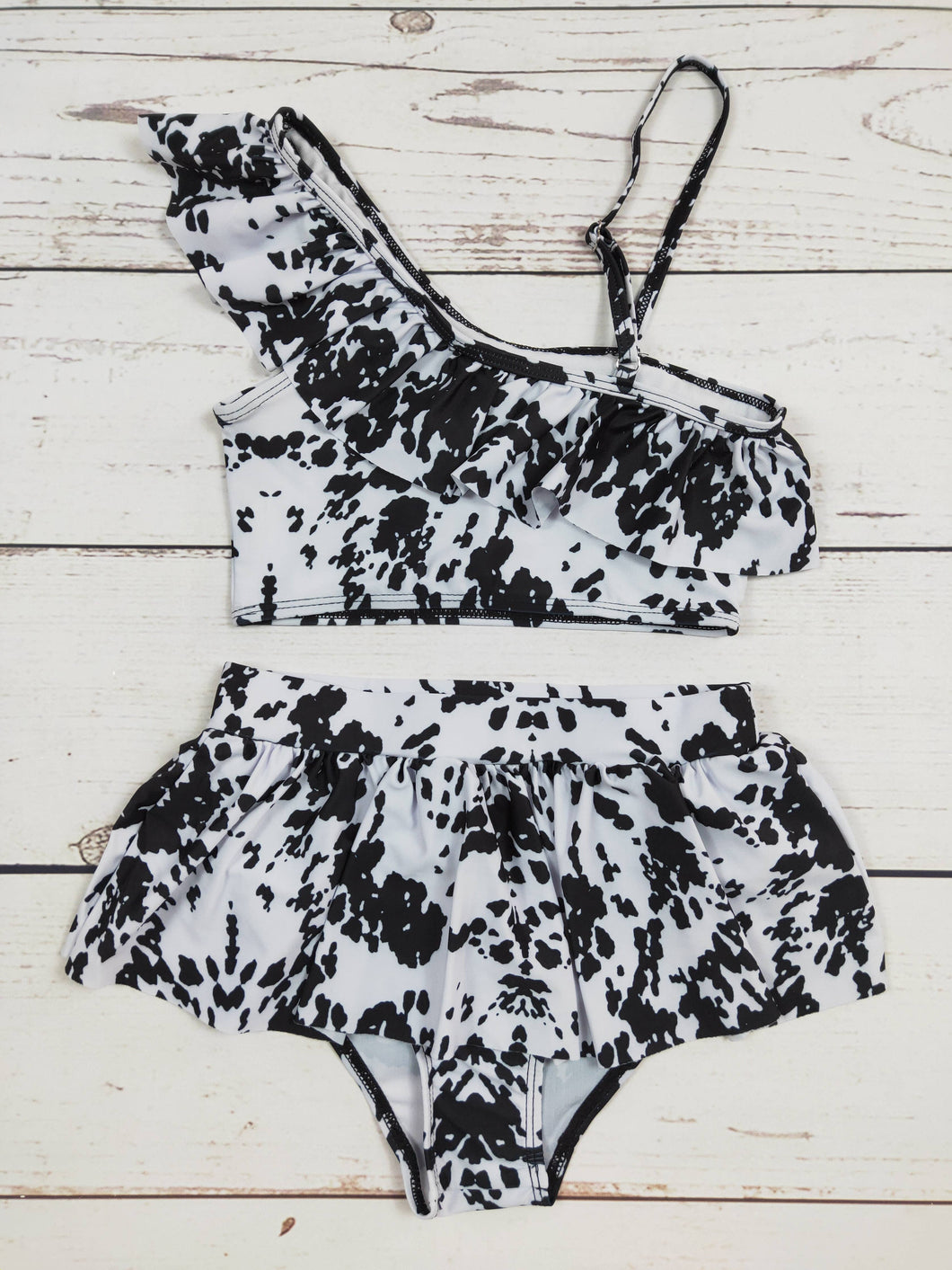 KIDS Black White Cow Printed Two Piece Girls Summer Swimwear